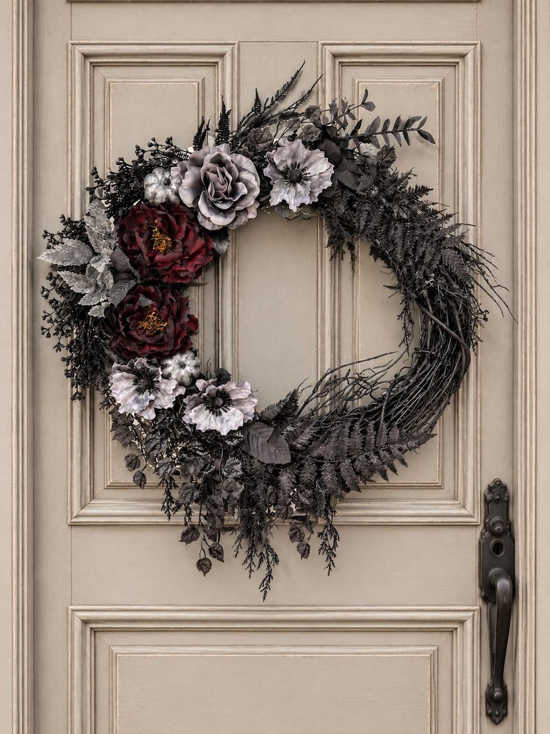 Moody gothic wreath with burgundy peonies, grey roses and black anemones