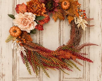 Amber Harvest Wreath, Autumn Peony Pumpkin Door Decor, Berry Cascade Fall Accent