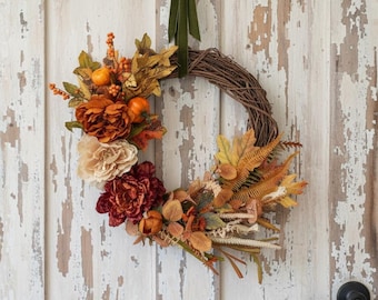Burgundy Orange Grapevine Wreath, Velvet Bow, Farmhouse Autumn Decor