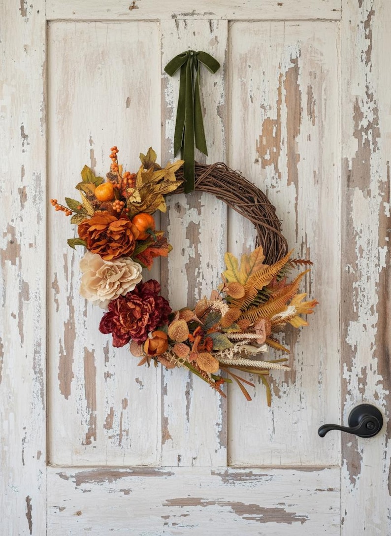 Grapevine wreath with burgundy and cream florals, mini pumpkins and a sage velvet bow