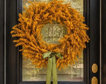 Handcrafted Mustard Gold Fern Wreath, Sage Green Bow, Modern Minimalist Fall Decor