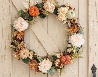 Fall Wreath for Front Door, Neutral Autumn Wreath with Pumpkins, Farmhouse Peony Wreath, Cream Sage Fall Decor
