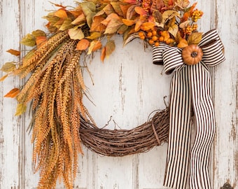 Fall Wreath for Front Door, Cascading Autumn Wreath with Orange Berries, Striped Bow Pumpkin Grapevine Wreath