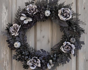 Elegant Gothic Halloween Wreath for Front Door, Black Grey Rose Wreath with Butterflies, Romantic Moody Decor