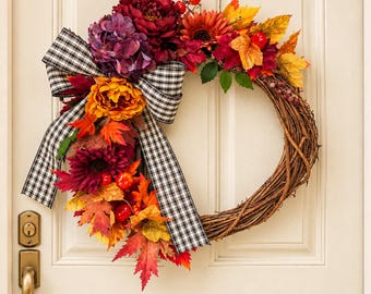 Jewel Tone Fall Wreath, Hydrangea Grapevine Door Decor, Black White Check Bow