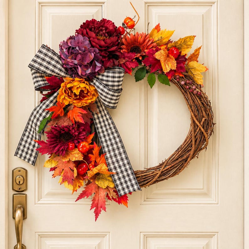 Jewel tone fall wreath with purple hydrangea, peonies and a black and white check bow