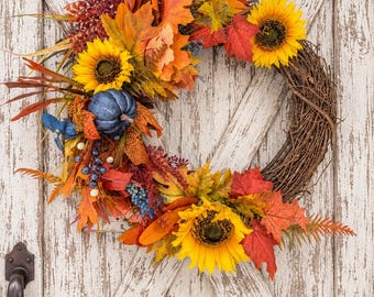 Sunflower Grapevine Wreath, Navy Blue Pumpkin, Autumn Maple Leaf Decor