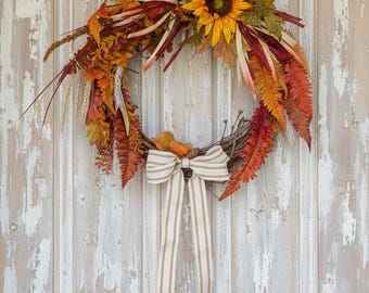 Sunflower Wreath for Front Door, Fall Wheat Grapevine, Autumn Fern Leaf Decor, Striped Bow Farmhouse Wreath