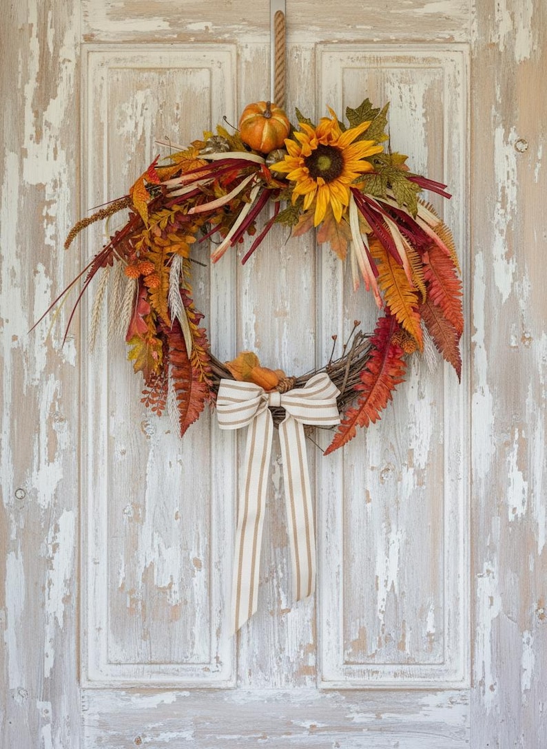 Full sunflower and wheat fall wreath with mini pumpkins and a striped bow