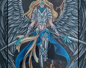 Tarjeta de ficha de ángel: lámina artística dibujada a mano con lápices de colores, tarjeta personalizada de MTG laminada.
