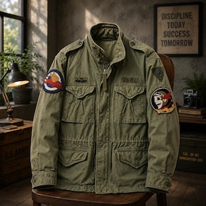 May include: An olive green field jacket featuring a high collar, four front pockets, and shoulder epaulets. The jacket displays various patches, including a winged red creature, a skull with goggles, and a label reading U.S.-R.L. on the chest.