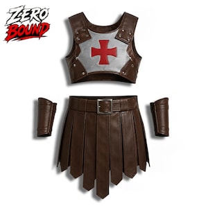 May include: A brown leather-look armor set including a cropped chest piece with a silver front panel and a red cross emblem, a pleated skirt with an integrated belt and metal buckle, and two matching brown arm guards. The logo Zero Bound is visible.