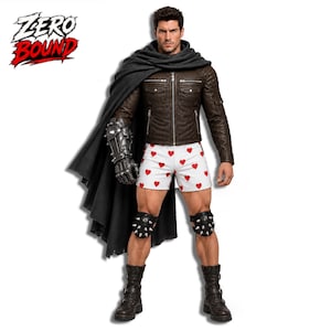 Könnte beinhalten: Eine männliche Actionfigur mit brauner Lederjacke, dunkelgrauem Umhang und weißen Shorts mit rotem Herzmuster. Die Figur trägt einen metallischen Handschuh am rechten Arm, stachelige Knieschoner und schwarze Stiefel. Der Text Zero Bound ist zu sehen.