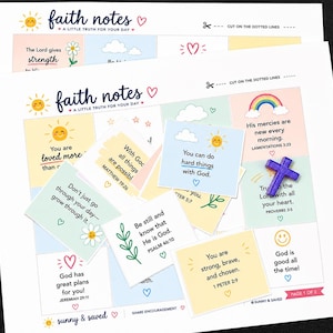 May include: Two white sheets of paper featuring faith notes with pastel-colored squares containing inspirational quotes and illustrations like suns, rainbows, and flowers. A small purple cross rests on the paper, which includes text like "You can do hard things with God" and "God is good all the time." The sheets have dotted lines for cutting.