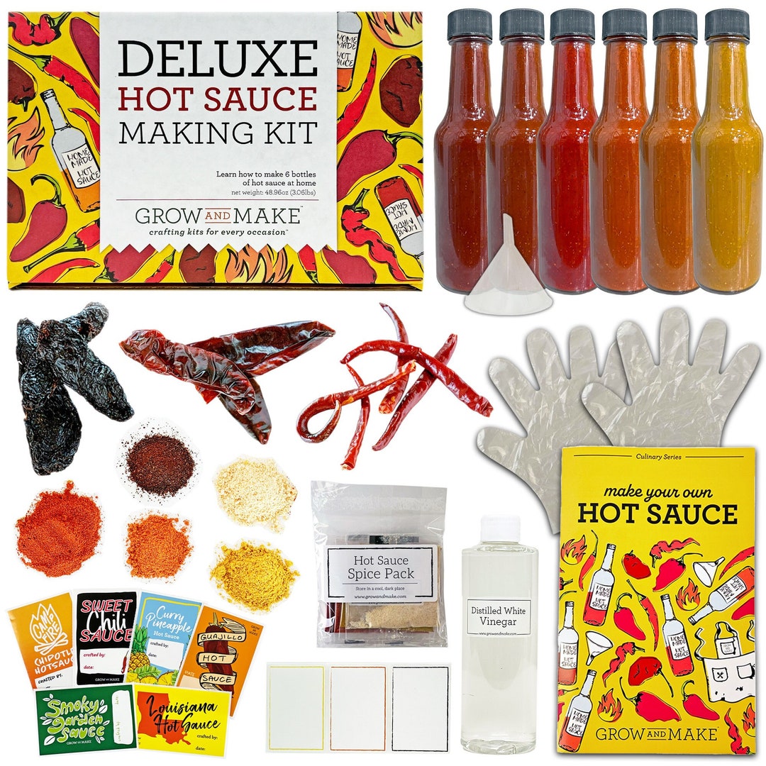  Deluxe Hot Sauce Making Kit, 3 Varieties of Chili Peppers,  Gourmet Spice Blend, 3 Bottles, 16 Fun Labels, Make your own sauce, Fun DIY  Gift For Dad, Brother, Uncle. (Deluxe