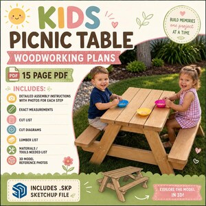 May include: A 15-page PDF woodworking plan for a kids picnic table. The document includes assembly instructions, measurements, cut lists, diagrams, and a 3D SketchUp file. The cover features a wooden picnic table with two children sitting at it.