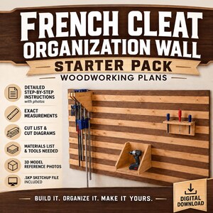 May include: A French cleat organization wall starter pack woodworking plan featuring a striped wooden wall panel with mounted tool holders, including a clamp rack, a shelf for a drill, and a screwdriver rack with various tools displayed.