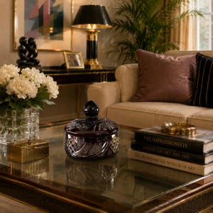 May include: A dark purple glass jar with a matching lid, featuring an intricate etched leaf pattern on its exterior. The jar is positioned on a glass-topped coffee table next to a stack of three hardcover art books and a small gold rectangular box.