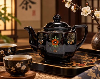 Vintage Japanese Redware Teapot - Moriage Floral, Multi-Faceted Brown Glaze