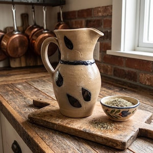 May include: A tan ceramic pitcher with a handle and dark blue leaf-shaped indentations, accompanied by a small matching bowl filled with dried herbs. The pitcher features a dark blue band around the neck and a spout for pouring liquids.