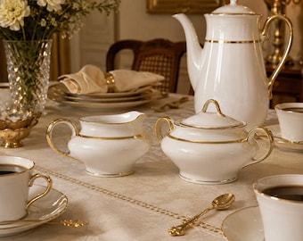 Vintage K&A Krautheim Bavaria Porcelain Sugar and Creamer Set, Gold Trim 7308