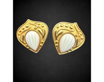 Vintage YSL Yves Saint Laurent White Glass Cabochon Gold Plated Clip Earrings