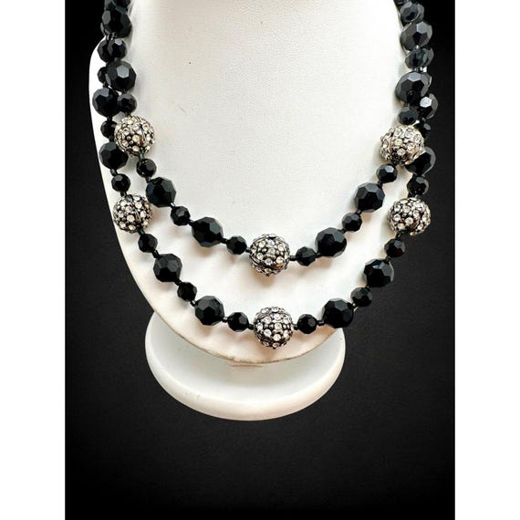 Vintage Vendome Black Crystal Beaded Silver Rhinestone Ball Two Strand Necklace