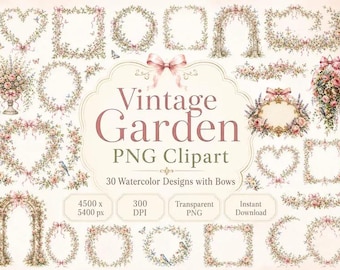 Pacchetto di clipart per giardino romantico, cornici floreali ad acquerello, immagini PNG per matrimoni (download digitale)