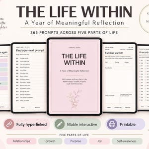Può includere: Un diario digitale intitolato The Life Within: A Year of Meaningful Reflection, con cinque schermate di tablet che mostrano menu di navigazione, elenchi di prompt, pagine giornaliere e un tracker con 365 caselle, oltre a icone per funzioni con collegamenti ipertestuali, compilabili e stampabili.