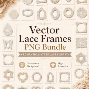 May include: A collection of white lace frames in various shapes including circles, squares, hearts, and hexagons, displayed as a digital bundle with the text Vector Lace Frames PNG Bundle, Transparent Background, and High Resolution.