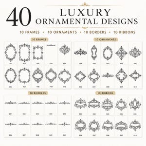 Può includere: Una collezione digitale di 40 design ornamentali di lusso che include 10 cornici, 10 ornamenti, 10 bordi e 10 nastri. Ogni elemento grafico nero è visualizzato su uno sfondo bianco con etichette da F01 a R10, mostrando intricati motivi a volute.
