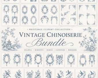 Pacchetto di clipart PNG in stile Chinoiserie vintage, cornici floreali, uccelli, fiocchi, angoli e bordi
