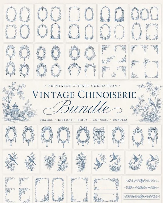 Vintage Chinoiserie PNG Clipart Bundle, Floral Frames, Birds, Bows, Corners and Borders