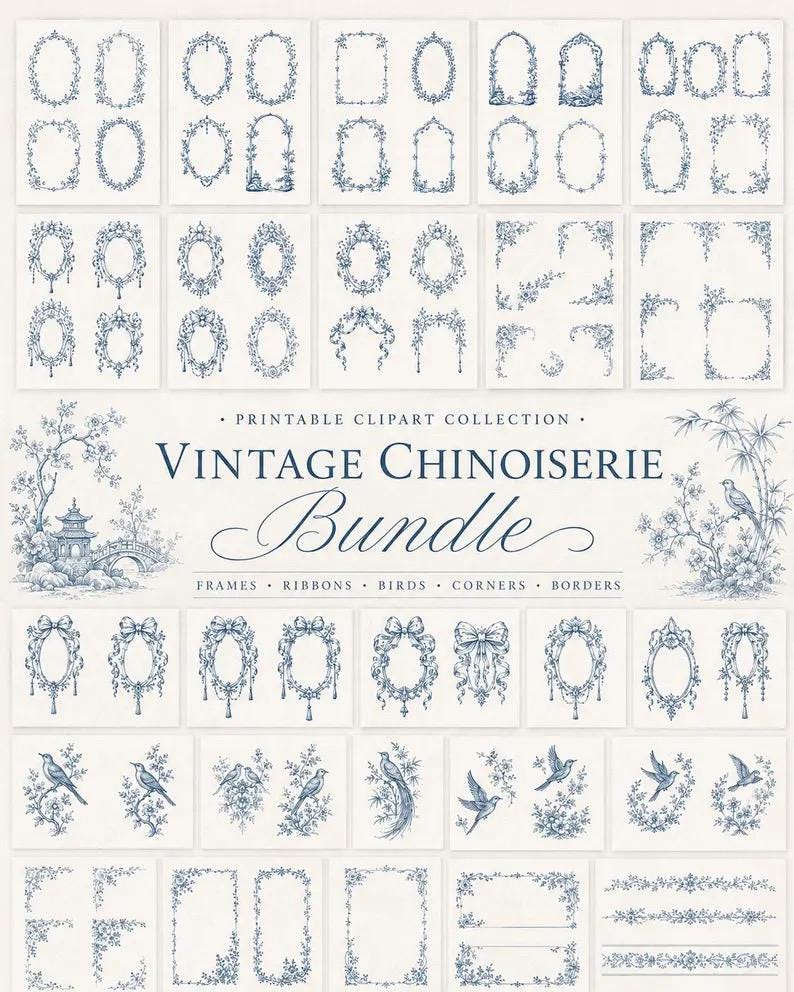 Pu&ograve; includere: Una collezione digitale di illustrazioni in stile Chinoiserie blu e bianco con vari cornici ornate, angoli decorativi, bordi floreali, nastri e motivi di uccelli. Il testo recita: PRINTABLE CLIPART COLLECTION VINTAGE CHINOISERIE Bundle.