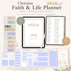 Puede incluir: Una agenda digital 2026 Christian Faith & Life mostrada en la pantalla de una tableta con un lápiz óptico. La agenda incluye un índice, páginas de planificación semanal y diaria, reflexión de estudio bíblico, notas de oración y secciones de organización familiar en una paleta de colores neutros.