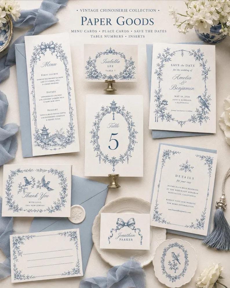 Pu&ograve; includere: Un set di cancelleria per matrimoni con illustrazioni floreali e di uccelli in stile chinoiserie blu e bianco. Il set include un menu, un numero da tavolo, un save the date, un biglietto di ringraziamento e segnaposti con del testo.