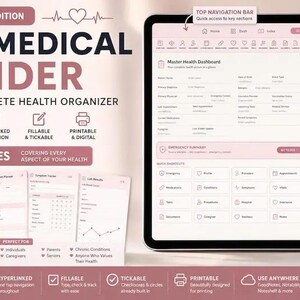 Blush Medical Binder, Health Organizer, Fillable, Hyperlinked (Digital Download)