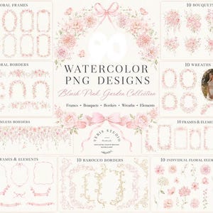 Blush Pink Garden Watercolor Clipart, 130+ PNG Blommor Ramar, Buketter, Kanter (Digital Nedladdning)