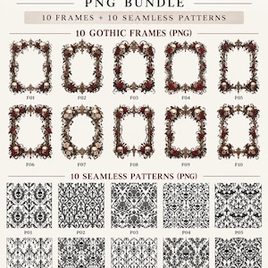 Gothic Skull Rose Frames & Seamless Patterns Bundle (20 PNGs)