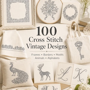 Puede incluir: Una colección de 100 Cross Stitch Vintage Designs con bordados grises sobre tela crema. Los artículos incluyen un marco, un bastidor floral, una bolsa con una llave, un cojín de pavo real, tarjetas con ciervo y letras, y una toalla.
