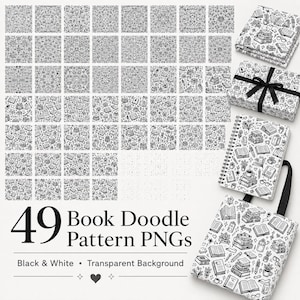 Könnte beinhalten: Eine Sammlung von 49 digitalen Mustern in Schwarz-Weiß mit buchbezogenen Kritzeleien. Das Set enthält verschiedene Illustrationen von Bücherstapeln, Lesebrillen, Pflanzen und Schreibgeräten, die als Quadrate und auf Objekten gezeigt werden.