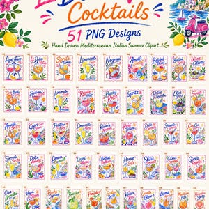 Puede incluir: Una colección digital de 51 ilustraciones de cócteles dibujadas a mano titulada La Dolce Vita Cocktails. Cada diseño rectangular presenta una bebida única, elementos mediterráneos como limones y scooters, y etiquetas de texto estilizadas en colores vibrantes.