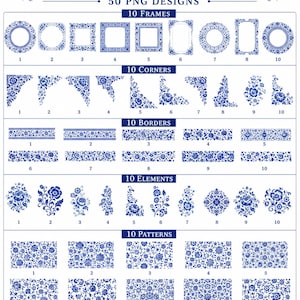 以下が含まれることがあります： Blue Floral Bundle 50 PNG Designsというタイトルのデジタルコレクションで、青と白の花柄グラフィックが特徴です。このセットには、10個のフレーム、10個のコーナー、10個のボーダー、10個のエレメント、10個のパターンが含まれており、すべて番号付きのラベルが付いたグリッド形式で表示されています。