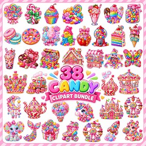 Könnte beinhalten: Eine digitale Sammlung von 38 Illustrationen zum Thema Süßigkeiten mit Desserts und fantasievollen Figuren. Der zentrale Text lautet 38 CANDY CLIPART BUNDLE. Die Bilder zeigen Cupcakes, Donuts, Lutscher, ein Karussell und ein Einhorn.