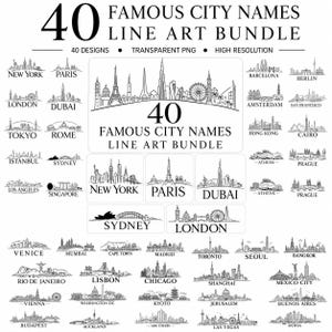 Op de afbeelding: Een digitale collectie getiteld 40 Famous City Names Line Art Bundle, met zwarte lijntekeningen van wereldwijde stadsskyline's zoals New York, Parijs, Dubai, Londen en Sydney, aangeboden als transparante PNG-bestanden.