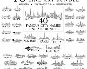 40 Famous City Names Line Art Bundle, Travel Skyline Clipart (PNG)