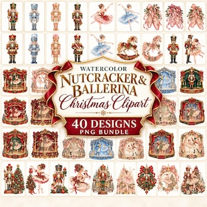 Puede incluir: Una colección digital de 40 ilustraciones en acuarela que muestran cascanueces, bailarinas, árboles de Navidad y escenas teatrales. El texto central dice WATERCOLOR NUTCRACKER & BALLERINA Christmas Clipart 40 DESIGNS PNG BUNDLE en una cinta.