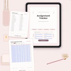 May include: Assignment Tracker Planner digital system featuring a tablet display, two document pages with tables, and text labels including Fully Hyperlinked, Fillable PDF, Goodnotes Ready, Printable, 60 Pages, 602 Links, and 2,394 Fields in a soft pink layout.