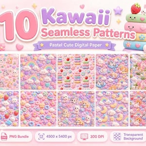 May include: A digital collection of 10 seamless patterns featuring pastel-colored illustrations of kittens, rainbows, clouds, strawberries, and hearts. The graphic includes the text 10 Kawaii Seamless Patterns and Pastel Cute Digital Paper.