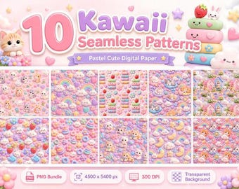 Pacchetto di 10 motivi kawaii senza soluzione di continuità in formato PNG, carta digitale pastello, sfondi con gatti, arcobaleni e nuvole.